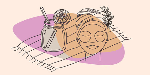 Poster - Breezy Beachside Bliss A figure rests on a beach towel eyes closed and adorned with a calming seaweed face mask. They hold a mason jar b with herbinfused water garnished with fresh