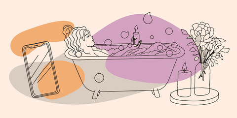 Poster - Calm Bath Time A person is shown relaxing in a warm bath filled with bubbles surrounded by candles and flowers. They pour a few drops of calming essential oil into the water