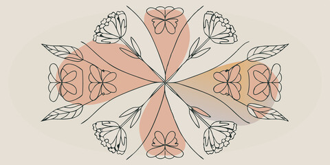 Poster - Butterfly Garden A vibrant mandala created with butterfly wings fanned out symmetrically. The design includes floral motifs around the edges each bloom meticulously crafted to