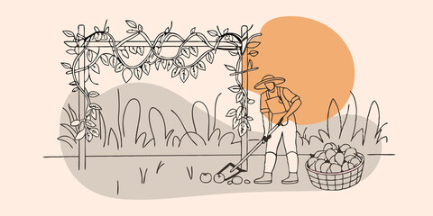 Poster - Bountiful Harvest A person stands beside a trellis covered in lush vines carefully digging up fresh vegetables with a trowel. The garden is alive with greenery and a basket full of