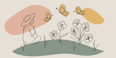 Poster - Butterfly Ballet A person with a widebrimmed hat sits on a grassy hillock surrounded by bright blossoms. They watch intently as several butterflies engage in a lively ballet above
