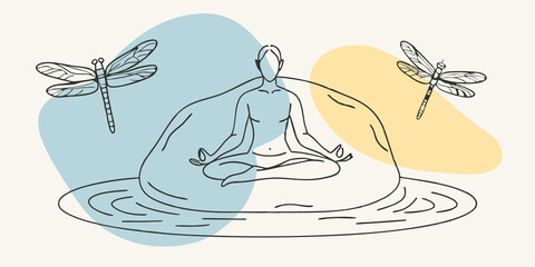 Poster - Caught in the Moment On a smooth boulder a person sits quietly knees bent and hands resting on their thighs. The water splashes softly against the rock and dragonflies hover nearby