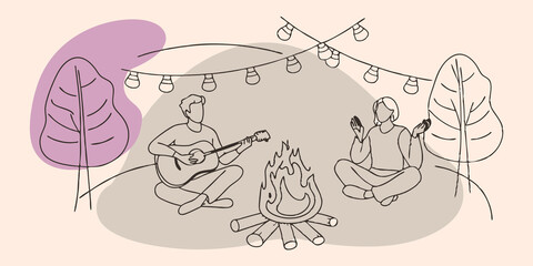 Poster - Charming Campfire Setup The scene shows a neatly arranged circle of friends around a spacious fire pit. One person holding a guitar strums lightly as another claps along. Lanterns