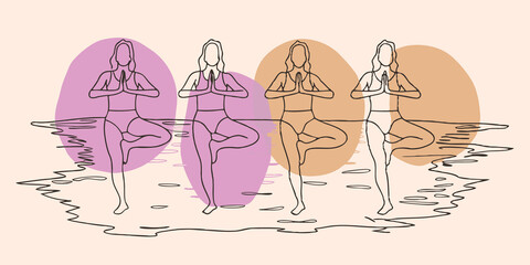 Poster - Chakra Connection Participants are aligned in a line each balancing on one leg in Tree Pose. The reflections of their poses shimmer on the wet sand as the sun inches higher over