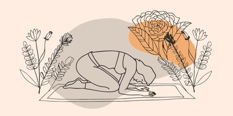 Poster - CatCow Stretch The individual kneels on the mat performing the CatCow stretch with care arching their back up and then dropping their belly down. The garden below is a blend of