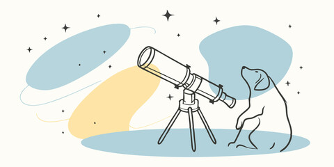 Poster - Celestial Companion A dog sits beside the telescope looking up at the sky with its owner. The stars le in the background and the moon is visible casting a gentle glow on the scene.