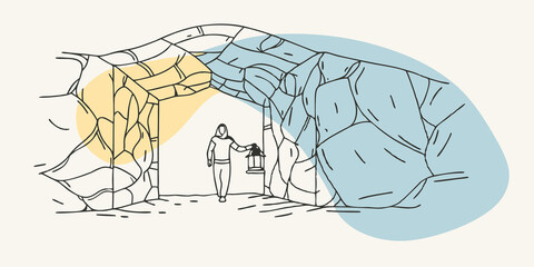 Poster - Cave Walls The person steps inside the lantern casting soft golden beams onto the rugged cave walls revealing glistening mineral deposits and intricate stone formations. The light