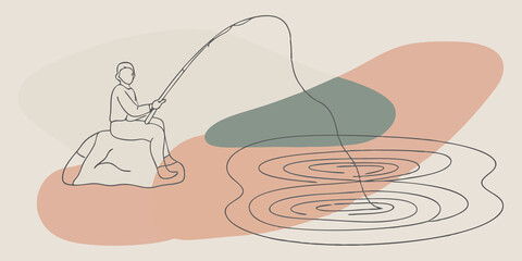Poster - Catching Moments The individual sits on a rock with a fishing rod in hand watching intently as ripples form in the water. With a relaxed posture they seem to be fully immersed in