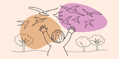 Poster - Childlike Wonder A person reminiscent of a child at play watches in delight as a flock of swallows swoops and dives in aerial acrobatics above their head. Their wide eyes reflect
