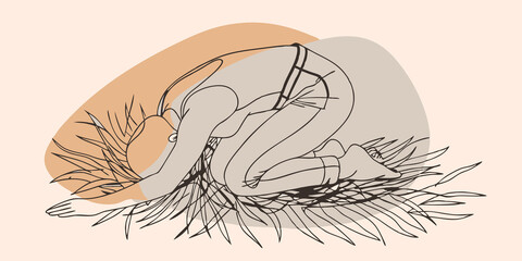 Poster - Childs Pose In a quiet nook of the forest a person kneels on a bed of soft pine needles folding forward into childs pose. Their arms are extended in front and their forehead rests