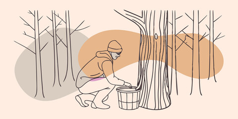 Poster - Checking on Sap Flow The person kneels beside a bucket lifting the lid to examine the sap inside. Their breath becomes visible in the cold air as they smile pleased with a good