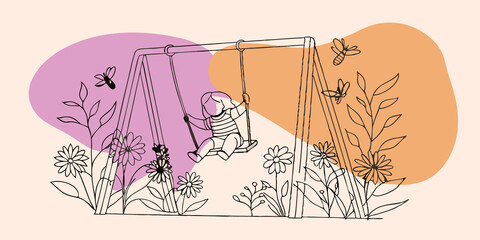 Poster - Childs Delight A young child joyfully swings back and forth laughter mingling with the buzzing of bees a the wildflowers. The colorful petals create a delightful border around the