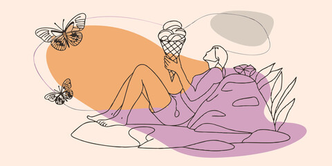 Poster - Charming Simplicity A person rests on a large rock by the lakeside legs stretched out comfortably. They are lost in thought while slowly savoring a mint chocolate chip ice cream