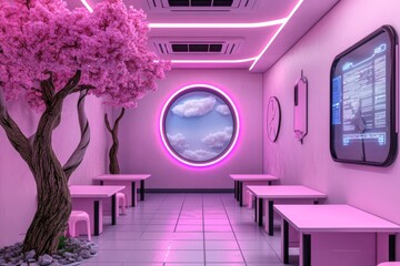 Aufkleber - A neon-lit cyberpunk classroom with glowing desks, holographic lesson plans, and futuristic tech elements scattered around