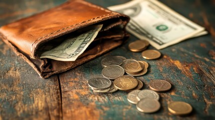 Aufkleber - Worn leather wallet with US dollar bills and coins scattered on rustic wooden surface.