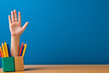 Poster - A row of students raising their hands to answer a teacher question, with a lively and engaging atmosphere