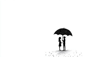 Poster - A simple design of a couple standing under a single umbrella, drawn in monochrome, with light rain droplets