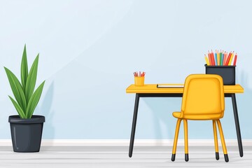 Poster - A stylized flat design of an open classroom door, leading to a simple desk and chair