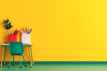 Poster - A stylized flat design of an open classroom door, leading to a simple desk and chair