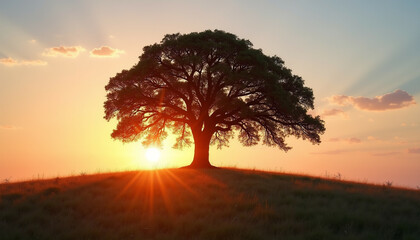 Canvas Print - Silhouette of a large tree on a hill at sunset  sun rays shining through.