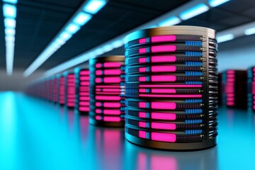 Aufkleber - Abstract data storage room with glowing neon hues of blue and pink, highlighting digital supercomputers and database warehouses Realistic 3D vector illustration