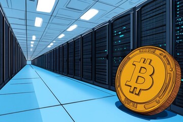 Poster - Advanced server room with digital equipment for cryptocurrency mining, blockchain networking, and cloud storage, drawn as a sleek vector cartoon illustration