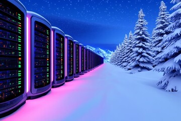 Fototapete - Clean and futuristic server room with glowing hardware racks, database equipment, and cryptocurrency mining systems, illustrated as a vibrant vector cartoon