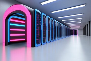 Poster - Futuristic data center with glowing neon blue and pink server racks, forming a sleek digital tunnel of high-tech information and database systems Realistic 3D vector illustration