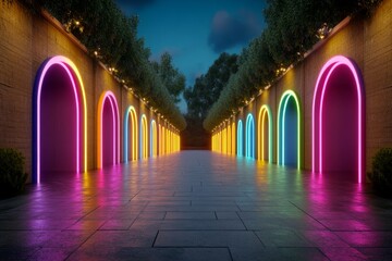 Aufkleber - Modern data warehouse with neon blue and pink glowing servers arranged in a symmetrical tunnel, representing advanced database systems Realistic 3D vector illustration