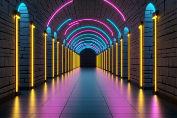 Aufkleber - Neon-lit data center tunnel with glowing server blocks in vibrant blue and pink, showcasing futuristic database and information systems Realistic 3D vector illustration