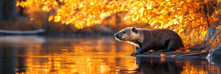 Fototapete - Majestic Beaver at Golden Hour - A majestic beaver rests on a lakeshore, bathed in the golden light of autumn.  Nature, wildlife, tranquility, fall, water.