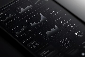 Aufkleber - A modern digital dashboard displaying various analytical graphs and data metrics on a sleek black background, ideal for illustrating data analysis and technology trends.