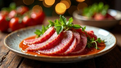 Argentinian vitel toné, sliced veal with tuna sauce, festive table setup, soft holiday lighting, cozy background