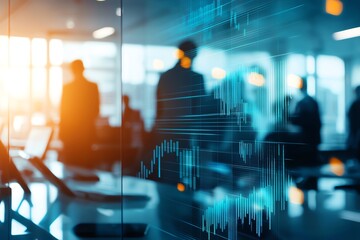 Aufkleber - A modern office environment with silhouettes of professionals analyzing financial data on a digital screen, reflecting a dynamic and innovative corporate culture.