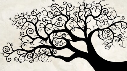Poster - Stylized black tree silhouette with swirling branches on beige background.