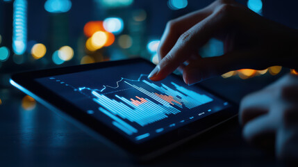 Poster - hand interacting with digital graph on tablet, showcasing data analysis in modern setting. vibrant city lights create dynamic atmosphere