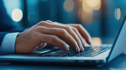 Poster - Closeup of hands typing on laptop in modern office setting, showcasing professional atmosphere and focus on work