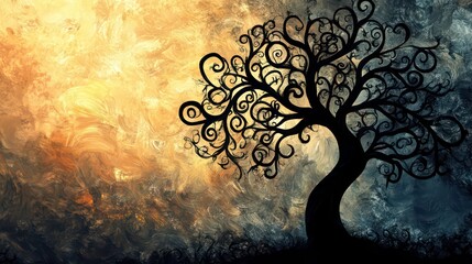Poster - Abstract art of swirling tree silhouette against a fiery sunset sky.