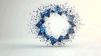 Poster - An abstract geometric shape formed by blue triangular fragments, creating a dynamic and modern look, conveying a sense of innovation and creativity on a soft background.