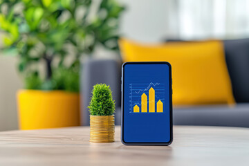 Poster - Mobile phone displaying business growth chart on desk with plant