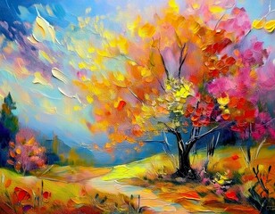 Painting of a tree with colorful flowers in the autumn season. Oil color painting. Generative AI.