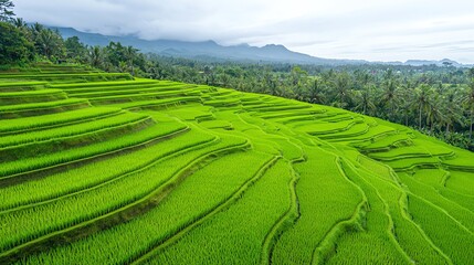 Lush green rice terraces cascade down hillsides under a cloudy sky, creating a breathtaking natural landscape in rural settings.