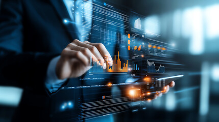Aufkleber - A sleek business professional engages with a digital interface, showcasing modern analytics and data visualization