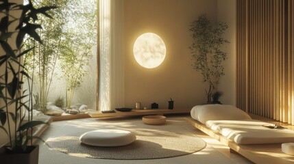 Poster - Serene minimalist room with large window, bamboo, tatami mats, and moon decor.