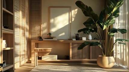 Poster - Sunlit minimalist room with wooden furniture, plants, and shelves.