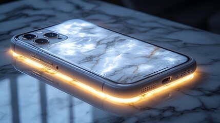 Poster - Elegant Smartphone with Marble Pattern and Glow Effect on a Reflective Marble Surface, Capturing Modern Technology and Aesthetic Design in a Stunning Display