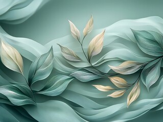 Poster - A beautiful composition of elegant green and beige leaves on a gentle flowing background, creating a serene and calming atmosphere with soft, organic shapes.