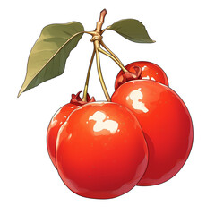 Aufkleber - Acerola cherries with vibrant red color and glossy surface, attached to stem with green leaves, isolated on white background. fresh and juicy appearance is inviting
