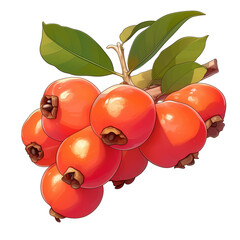 Aufkleber - Bright red ackee fruit with green leaves on white background, showcasing its vibrant color and glossy texture. fruit is clustered together, highlighting its natural beauty and freshness
