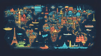 Poster - Illustrated world map showcasing famous landmarks and cultural icons.